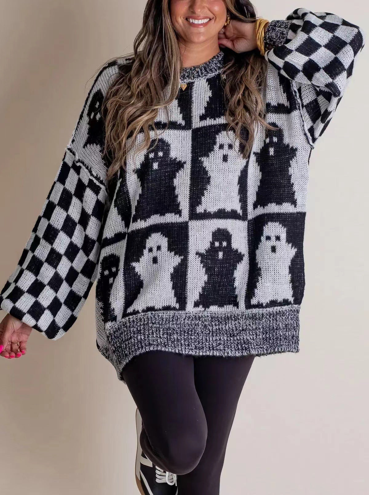 Halloween Cartoon Pumpkin Ghost Sweater Black white