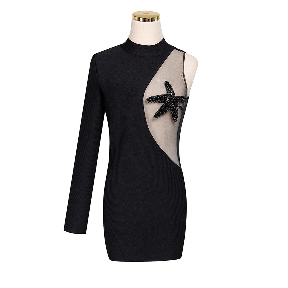 Mesh Five-pointed Star Beaded Bandage One-piece Dress Black