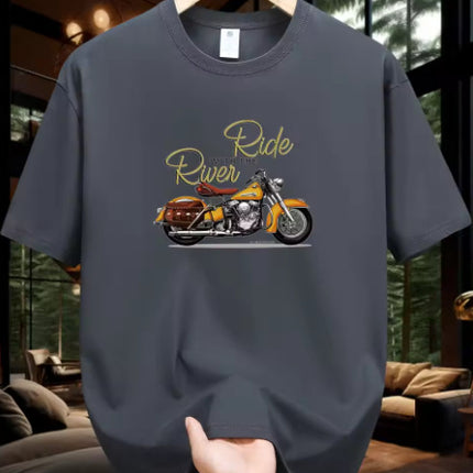 Men's Fashion Casual Motorcycle Pattern Printed T-shirt 2PC Dark Grey