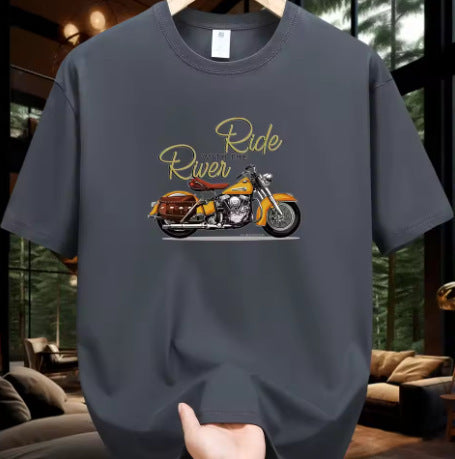 Men's Fashion Casual Motorcycle Pattern Printed T-shirt 2PC Dark Grey