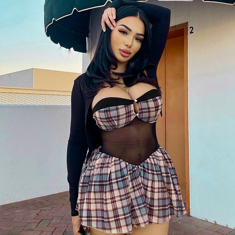 Women's Wear Retro Plaid Off-shoulder Dress