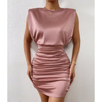 Women's Padded Shoulder Sleeveless Sheath Elegant Dress pink gold
