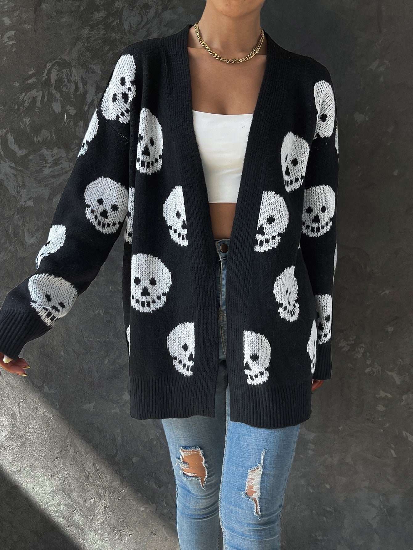 Halloween Skull Jacquard Knitted Cardigan