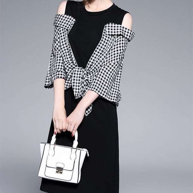 Off-the-shoulder Paneled Plaid Midi Dress Black