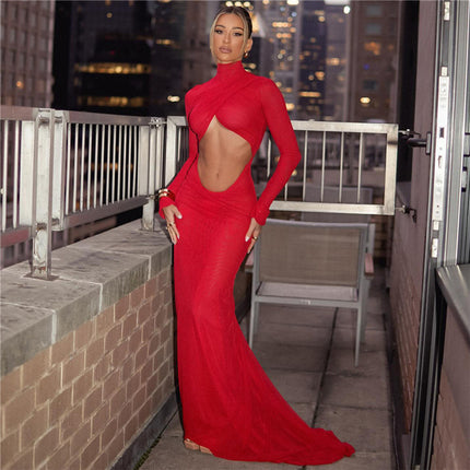 Women's High Collar Long Sleeve Slim Fit Sheath Dress | Street Style Red