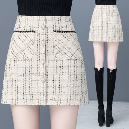 Women's High Waist Plaid Skirt Beige