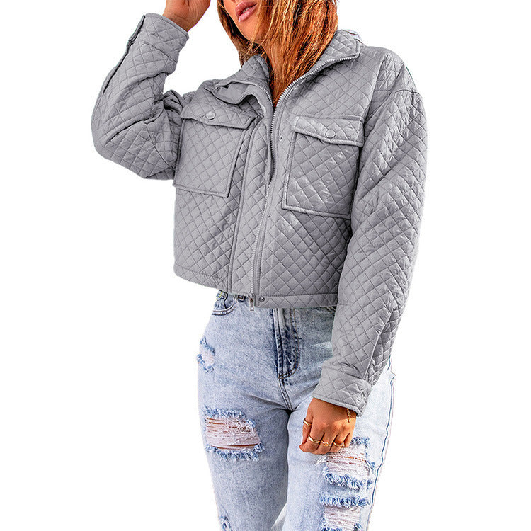 Women's Casual Zippered Cropped Jacket Gray