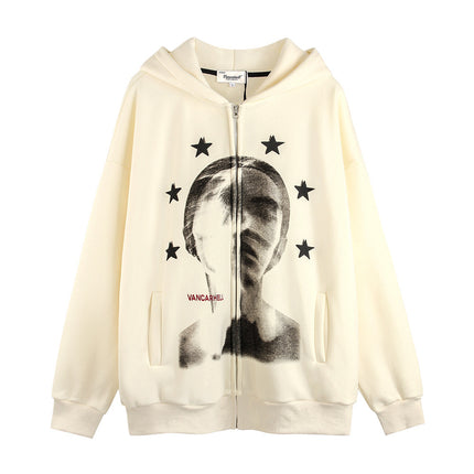 Men's Depressed Abstract Printing Fleece Hoodie Apricot