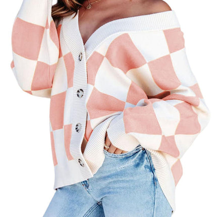Women's Checkered Knitted Cardigan Pink