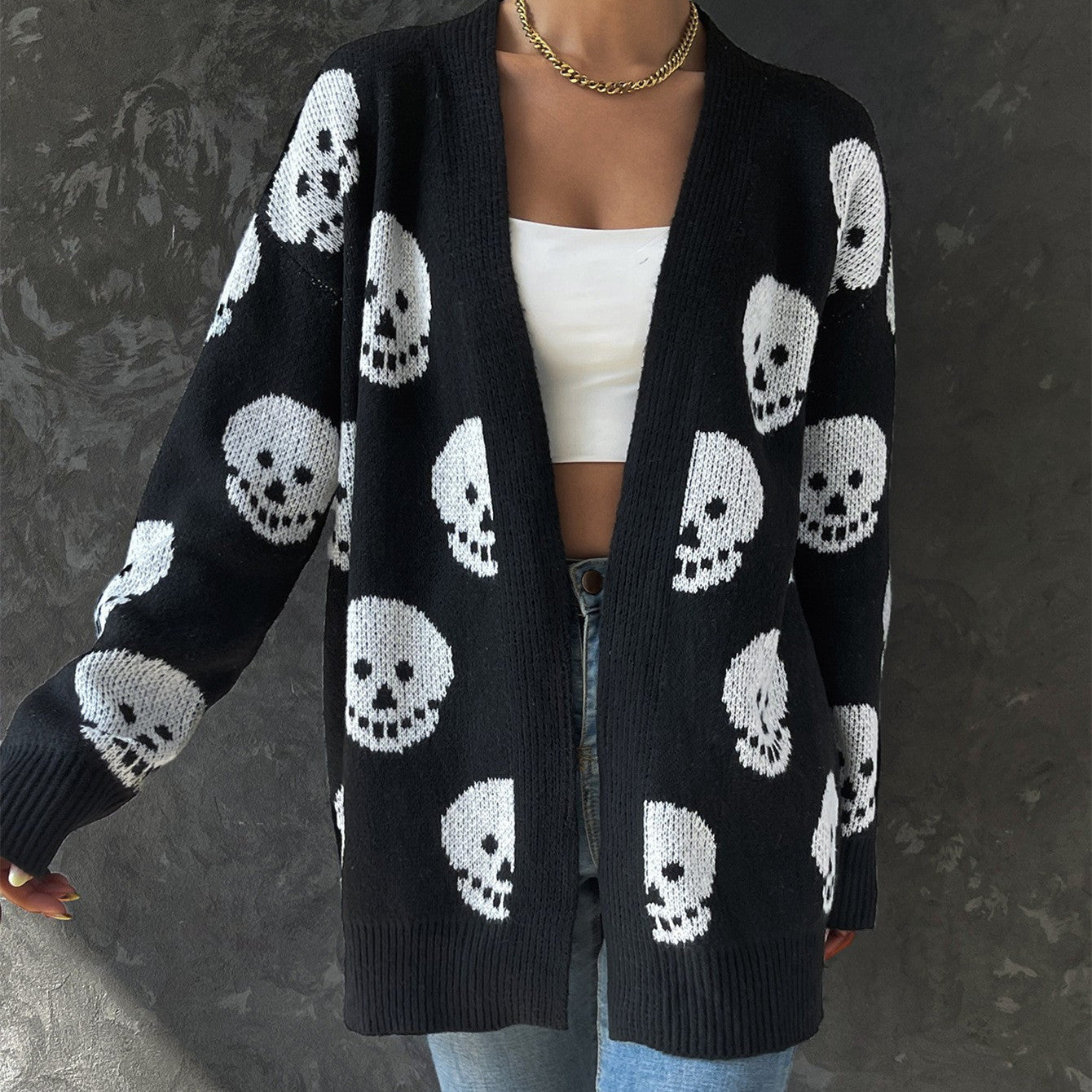 Halloween Skull Jacquard Knitted Cardigan