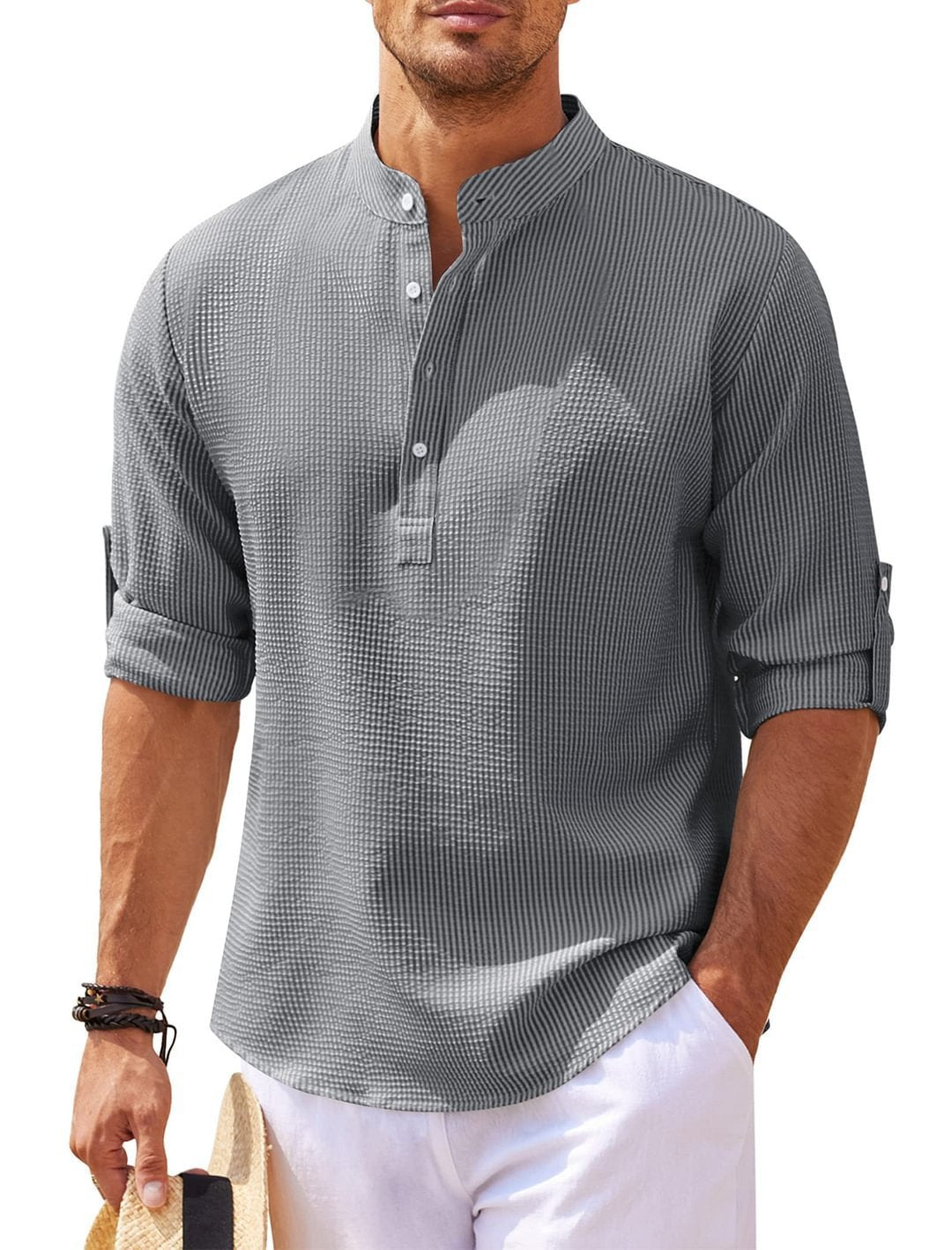 Men's Casual Shirt Long Sleeve Stand Collar Shirt Dark Gray