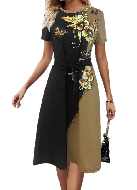 Women's Clothing Temperament Crew Neck Printed Dress Khaki