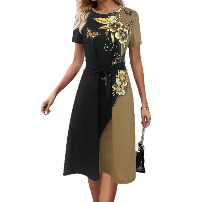 Women's Clothing Temperament Crew Neck Printed Dress Khaki