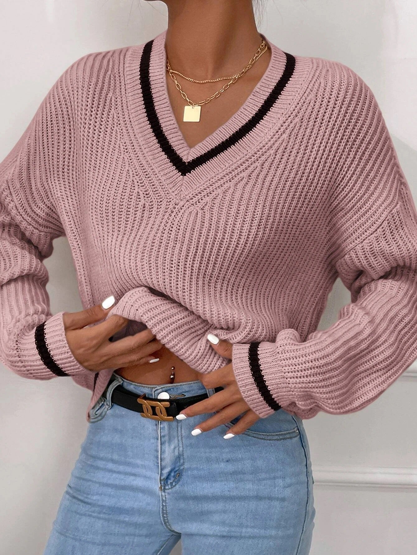 Winter Women's Striped Pullover Sweater Pink