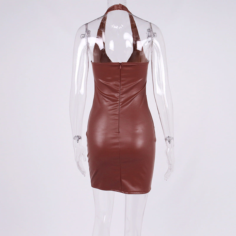 Hollow Out Backpack Hip Halter PU Leather Dress