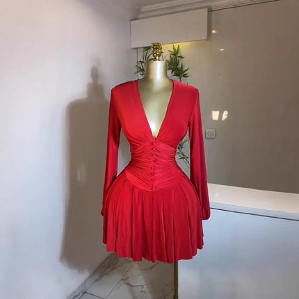 Women's French-Style Puff Sleeve V-Neck Mini Dress | 6 Colours
