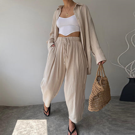 Women's Casual Simple Lapel Long Sleeve Shirt Trousers Suit