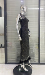 Full Diamond Feather Skirt Cross-shoulder Bandage One-piece Dress