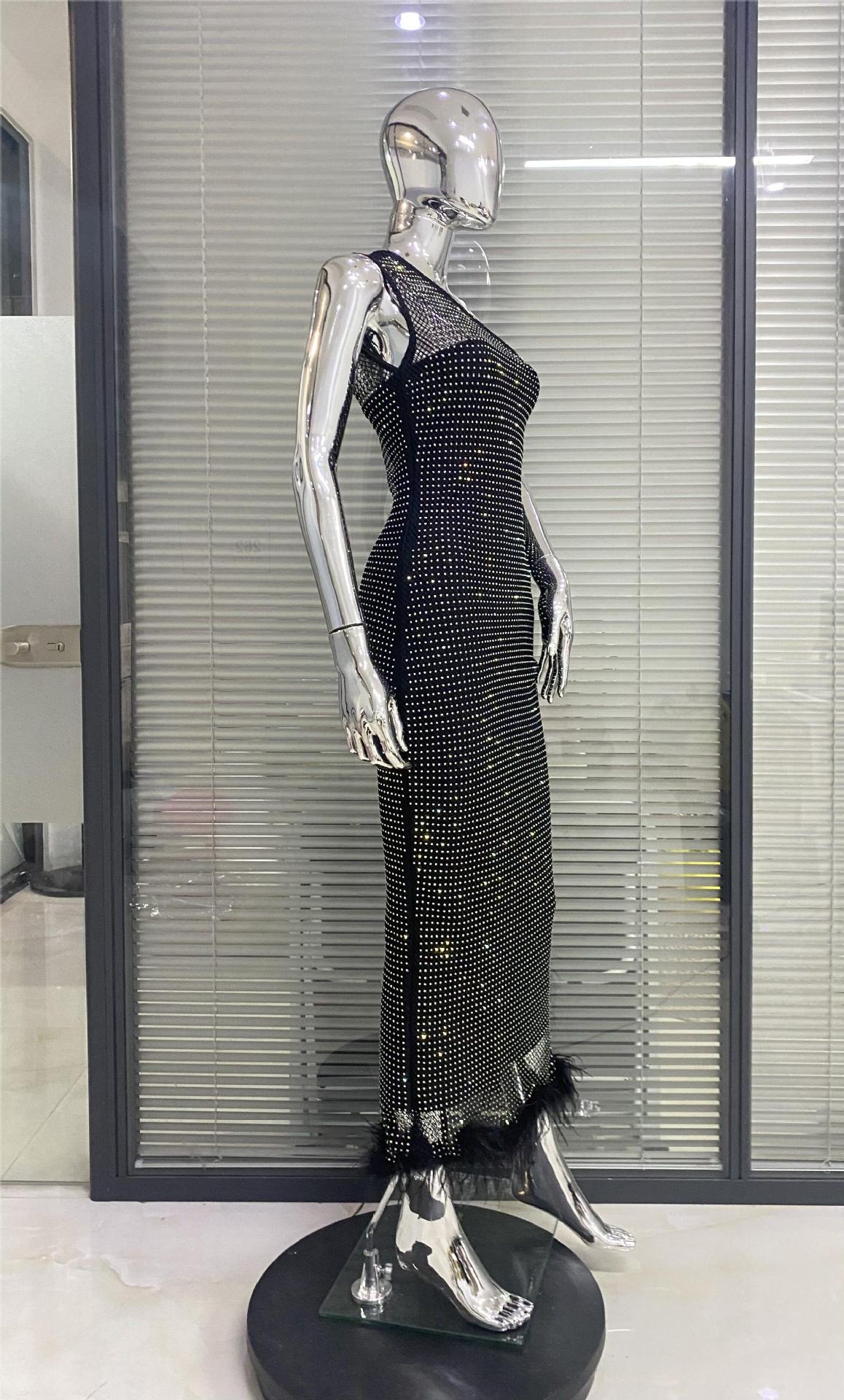 Full Diamond Feather Skirt Cross-shoulder Bandage One-piece Dress