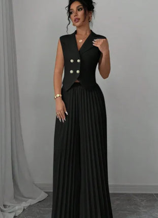 Lapel Button Vest Top And Pleated Pants set Black