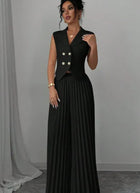 Lapel Button Vest Top And Pleated Pants set Black