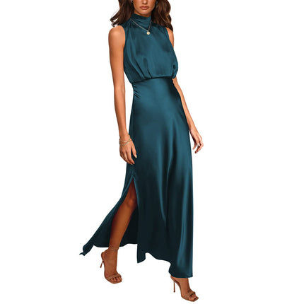 Women's Satin Stand Collar Sleeveless Maxi Dress | 7 Colours Lake Blue