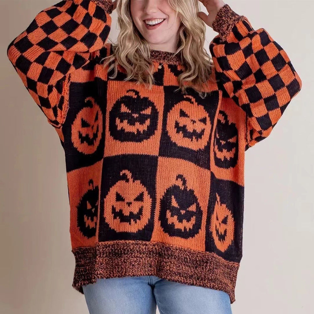 Halloween Cartoon Ghost And Checkerboard Sweater Black orange