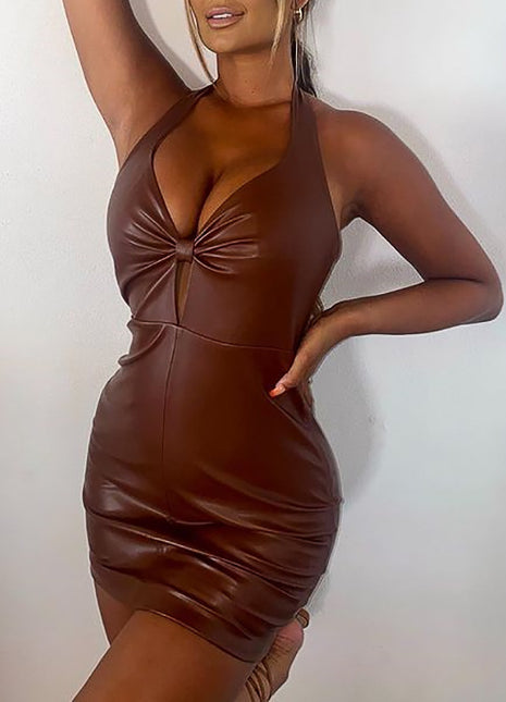 SS PU Leather Dress Brown