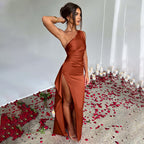 Sexy One-shoulder Backless Slit Dress Brown