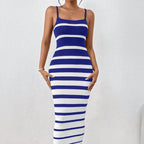 Women's Hot Girl Striped Spaghetti Straps Hip Dress Blue