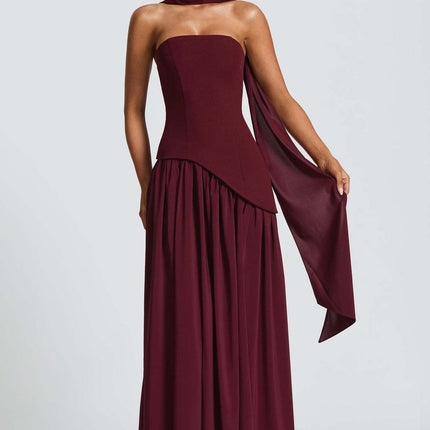 Sexy Backless Tube Top Split Dress Wine red