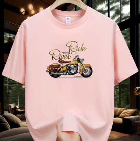 Men's Fashion Casual Motorcycle Pattern Printed T-shirt Apricot