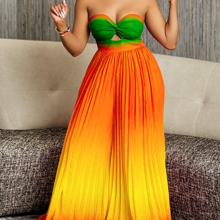 Summer Sexy Tube Top Backless Gradient Color Wide Leg Jumpsuit