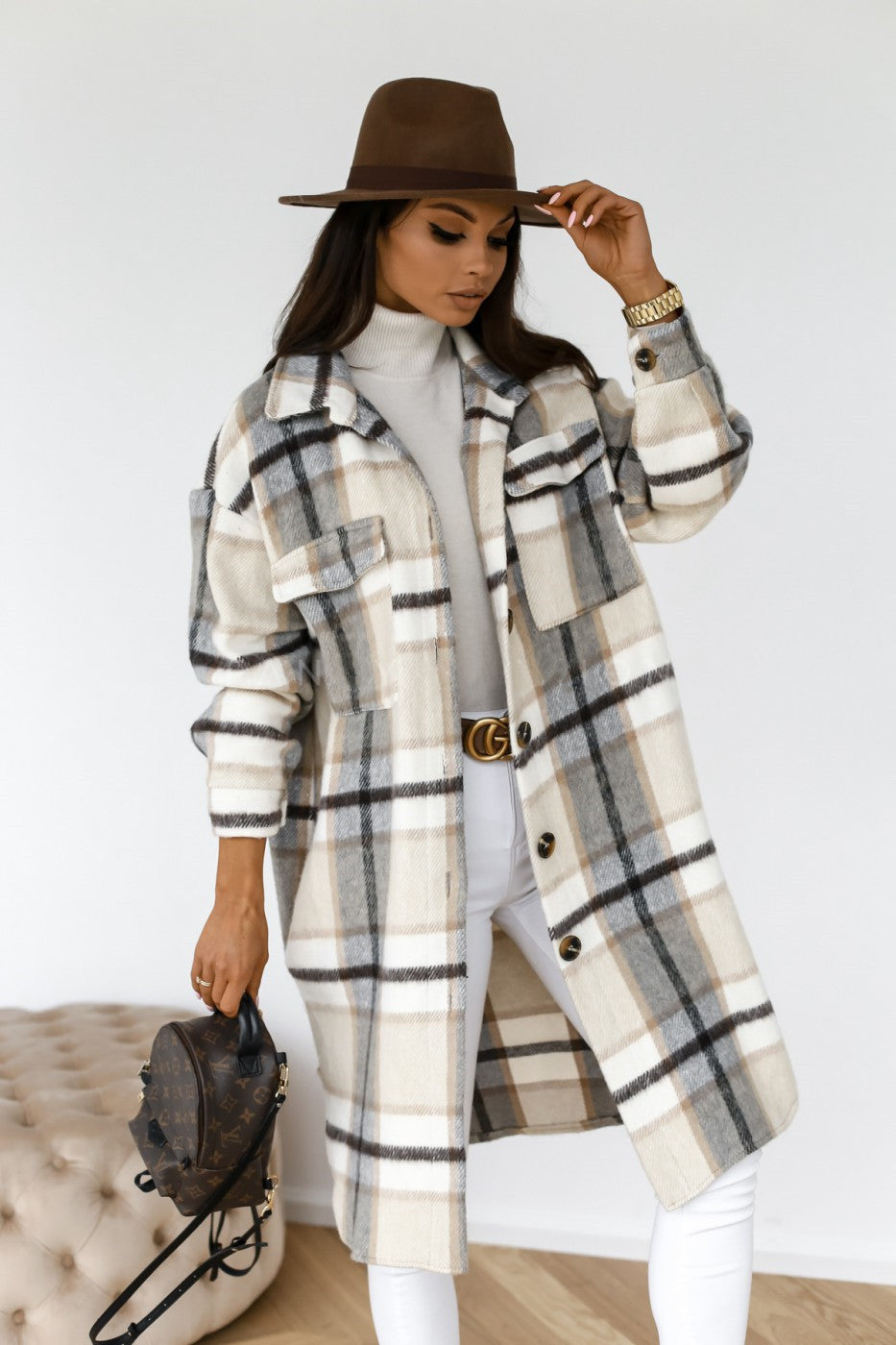 Women’s Button Lapel Casual Warm Plaid Long Woolen Coat