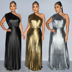 Elegant Bronzing Oblique Shoulder Sleeveless Dress