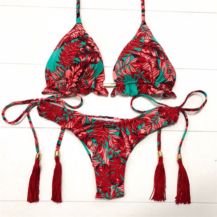 Red Print Split Bikini Swimsuit Red