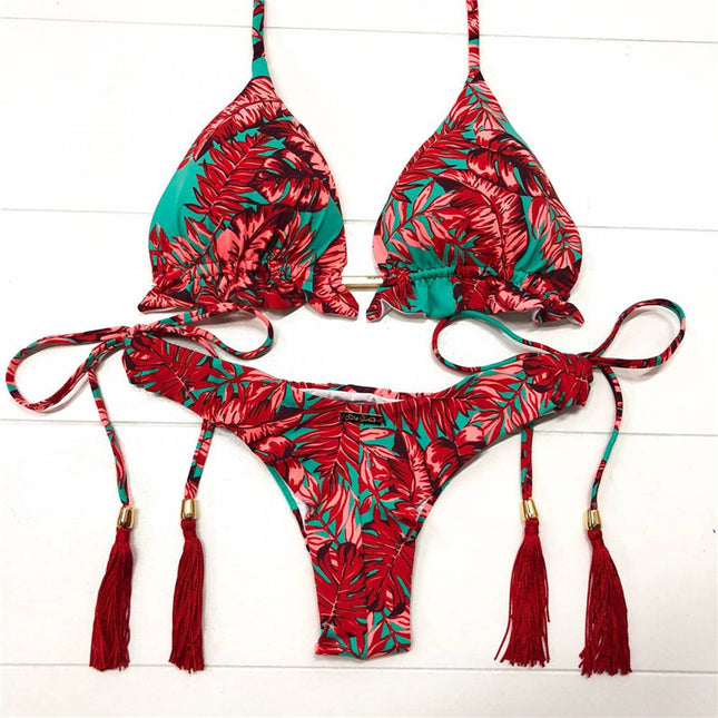 Red Print Split Bikini Swimsuit Red