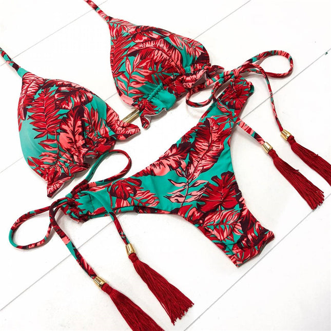 Red Print Split Bikini Swimsuit