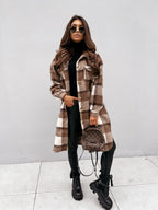 Women’s Button Lapel Casual Warm Plaid Long Woolen Coat Coffee