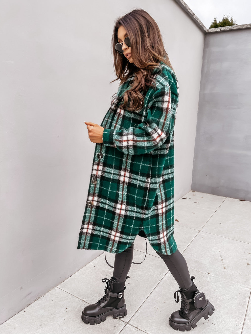 Women’s Button Lapel Casual Warm Plaid Long Woolen Coat Green