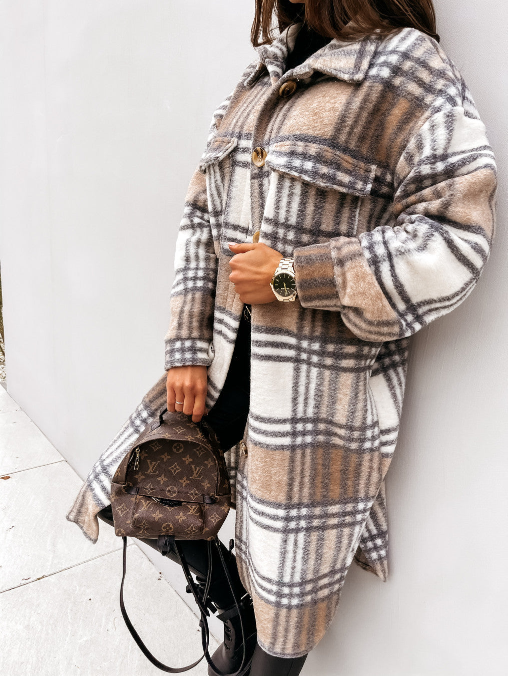 Women’s Button Lapel Casual Warm Plaid Long Woolen Coat Khaki