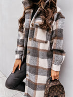 Women’s Button Lapel Casual Warm Plaid Long Woolen Coat Dark Gray