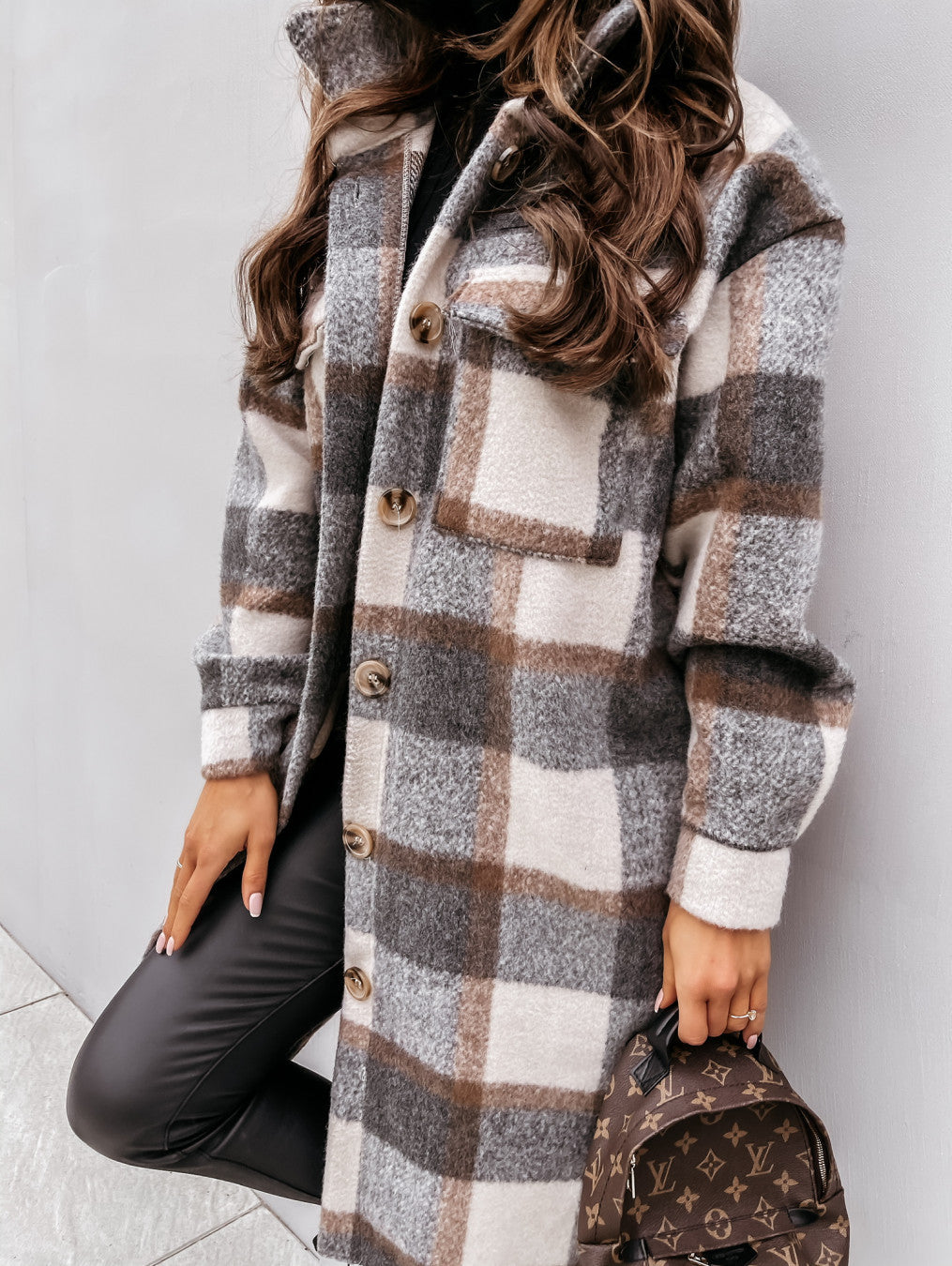 Women’s Button Lapel Casual Warm Plaid Long Woolen Coat Dark Gray