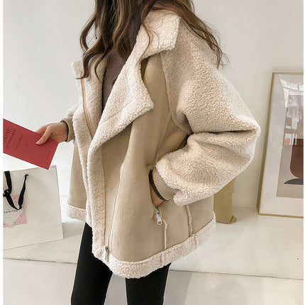 Suede Women Lamb Velvet Motorcycle Jacket Beige