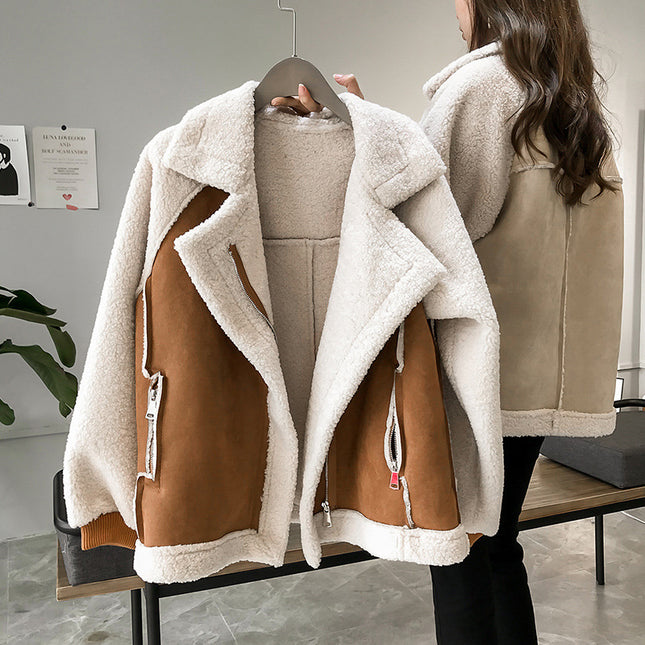 Suede Women Lamb Velvet Motorcycle Jacket Khaki