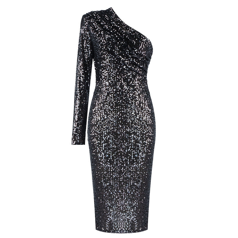 One-shoulder Dress Oblique Wrapped Chest Evening Dress Black