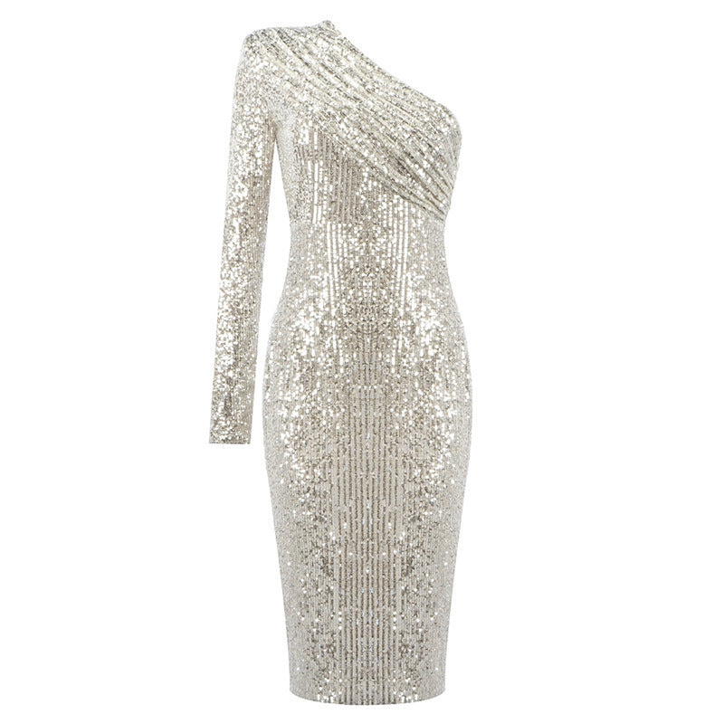 One-shoulder Dress Oblique Wrapped Chest Evening Dress Silver