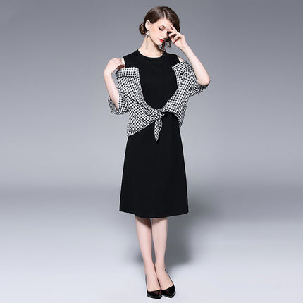Off-the-shoulder Paneled Plaid Midi Dress
