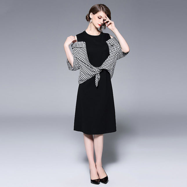 Off-the-shoulder Paneled Plaid Midi Dress