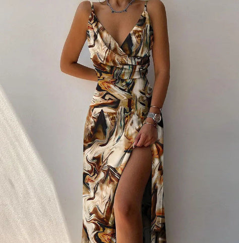 Slit Sling Summer Suspender Dress Brown print